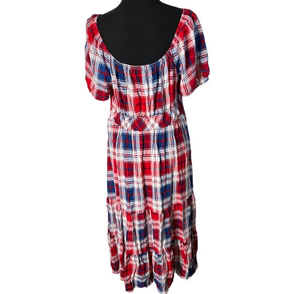 Torrid Challis Puff Sleeve Tiered Maxi Dress 0X Women’s Red Blue GUC 17647247. - Picture 3 of 8